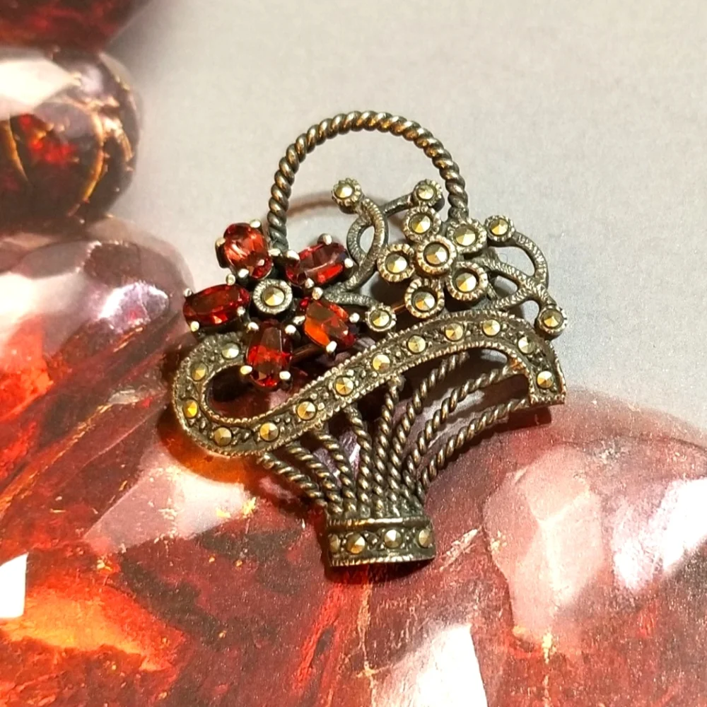 VTG GARNET Marcasite Sterling Basket Brooch - Picture 1 of 6